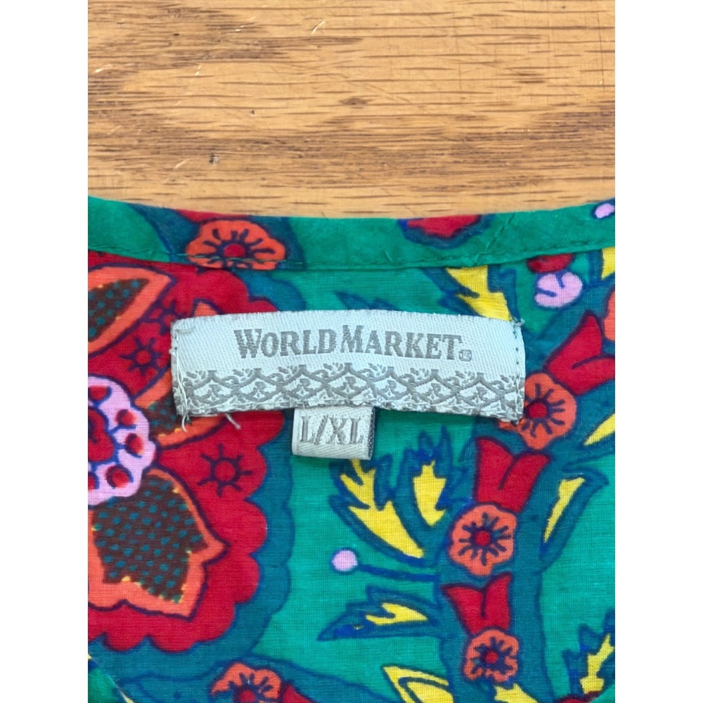 World Market Green Floral Cotton Boho Peasant Dress Tassel Bib L/XL - Picture 6 of 7